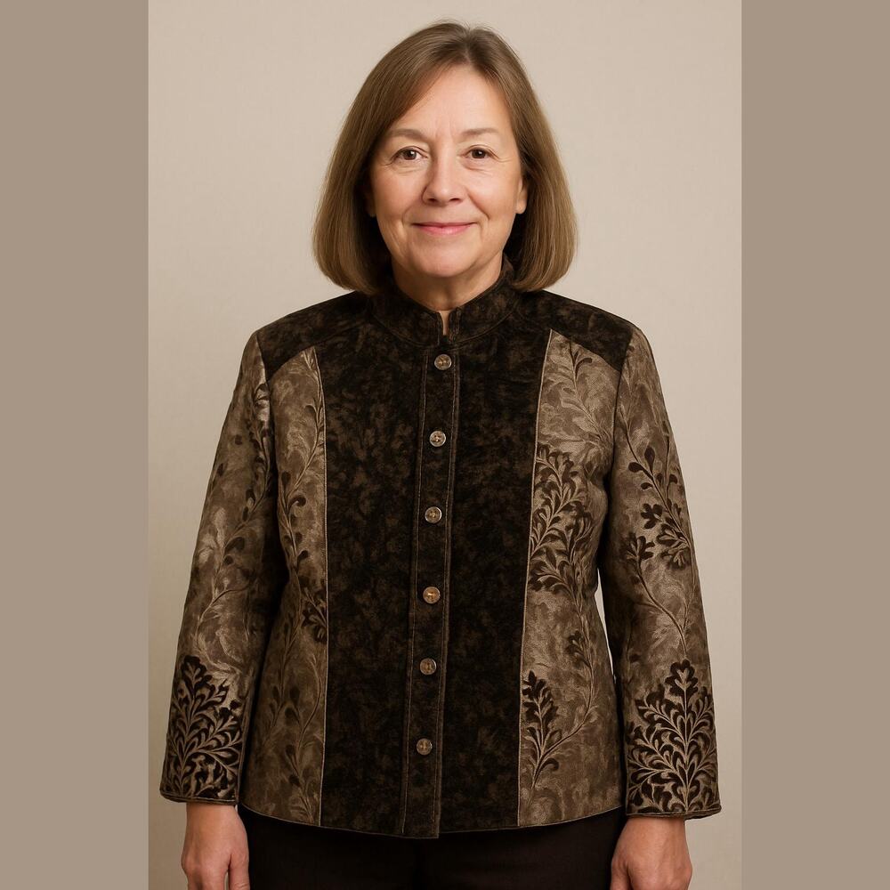 Chicos Brown Paisley Velvet Brocade Retro Boho Dressy Career Blazer Jacket M